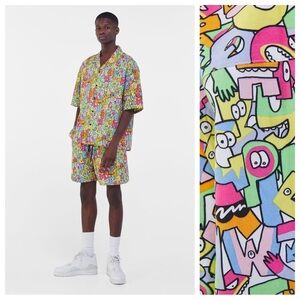 🌹NWT. Bershka Men Multicolored Printed Shirt Set with Bermuda Shorts. Size L.